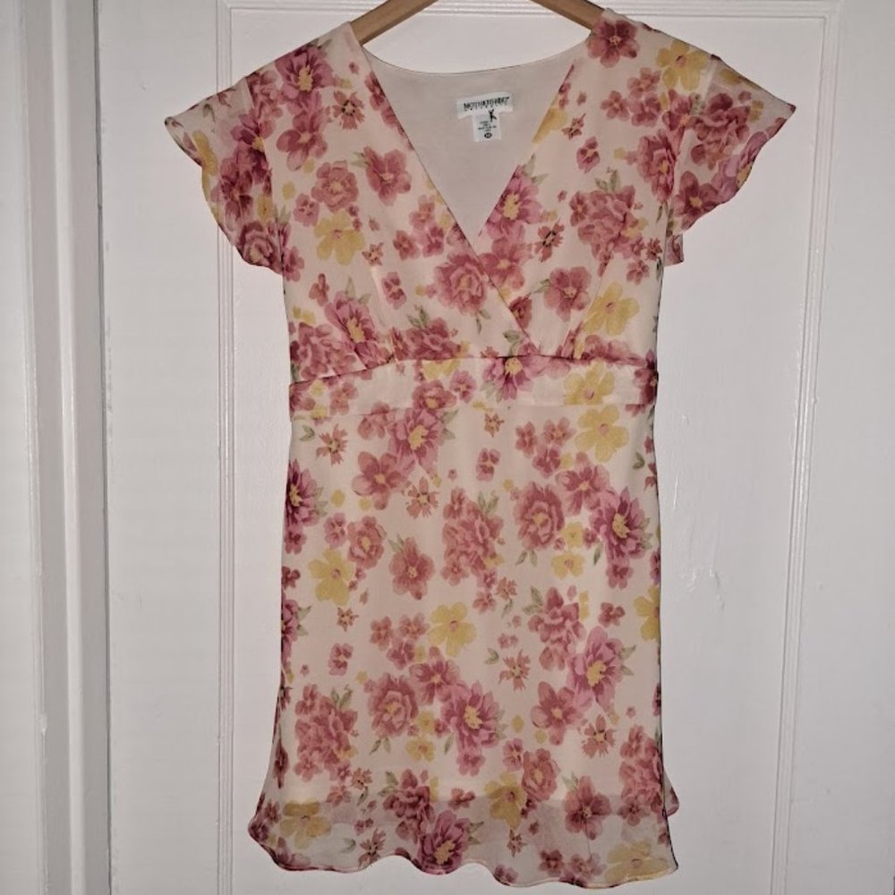 Motherhood Maternity Faux Wrap Pink Yellow Floral Gauzy Tie Back Top Size Medium